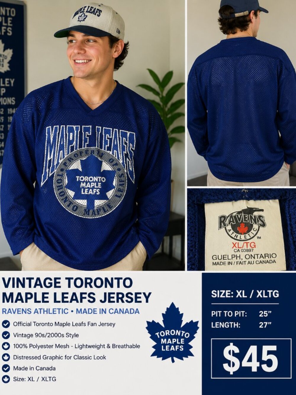 🍁🏒 VINTAGE TORONTO MAPLE LEAFS MESH HOCKEY JERSEY – XL – MADE IN CANADA! 🏒🍁 - Picture 9 of 9